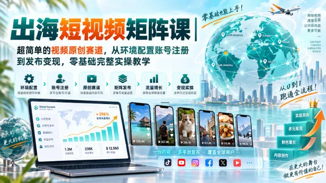 出海短视频矩阵课｜超简单的视频原创赛道，从环境配置账号注册到发布变现，零基础完整实操教学
