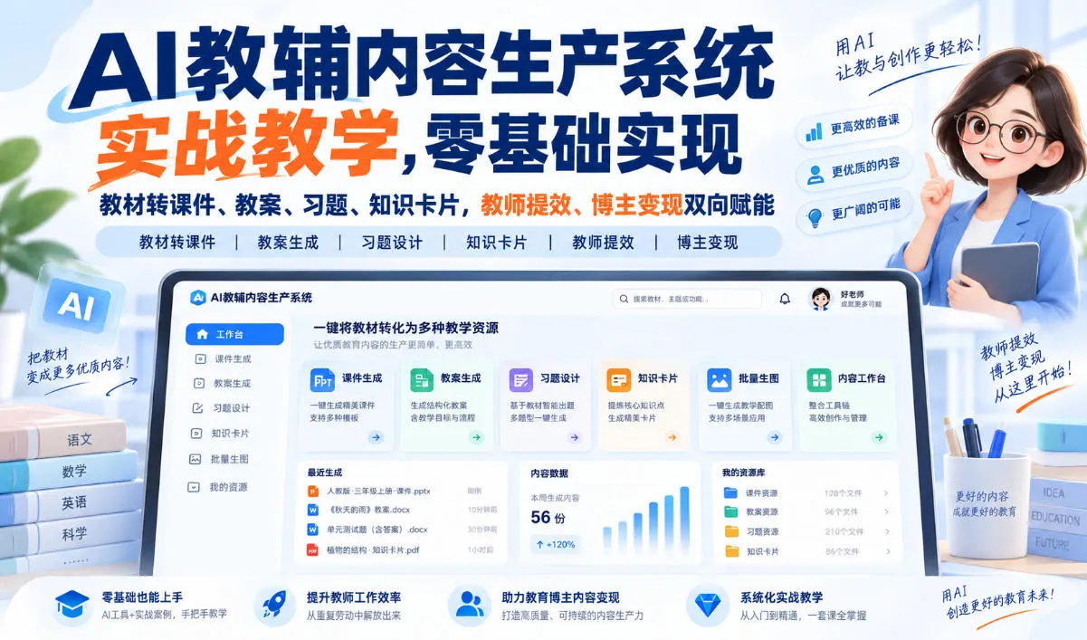 【无水印】AI教辅内容生产系统实战教学，零基础实现教材转课件、教案、习题、知识卡片，教师提效、博主变现双向赋能（更新0926）