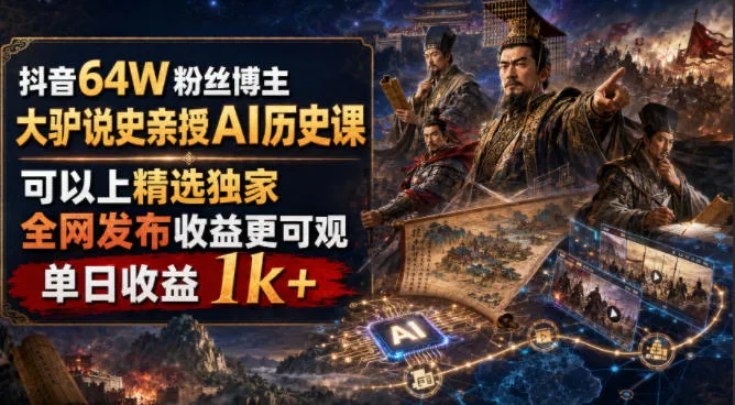 抖音64W粉丝博主大驴说史亲授AI历史课，可以上精选独家，全网发布收益更可观，单日收益1k+（更新）