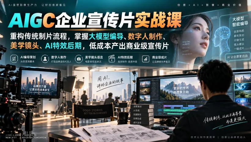 AIGC企业宣传片实战课，重构传统制片流程，掌握大模型编导、数字人制作、美学镜头、AI特效后期，低成本产出商业级宣传片