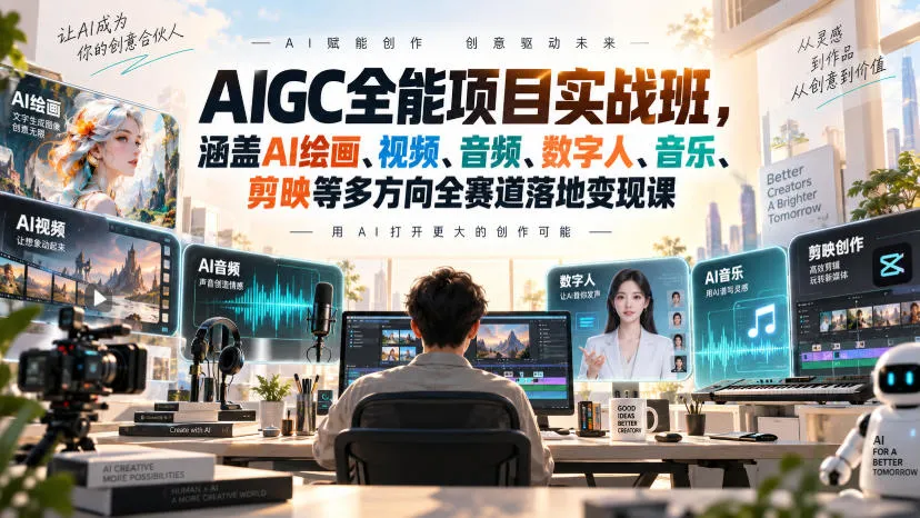 AIGC全能项目实战班，涵盖AI绘画、视频、音频、数字人、音乐、剪映等多方向全赛道落地变现课（更新）