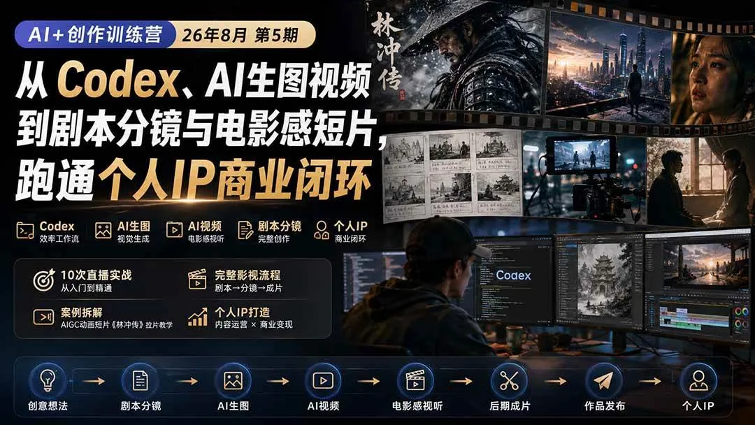 （20348期）AI+创作训练营26年第5期-更新：从Codex、AI生图视频到剧本分镜与电影感短片，跑通个人IP商业闭环