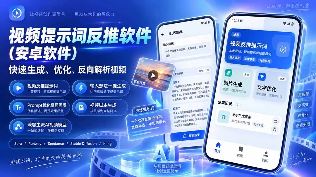 （20301期）视频提示词反推软件（安卓软件），快速生成、优化、反向解析视频