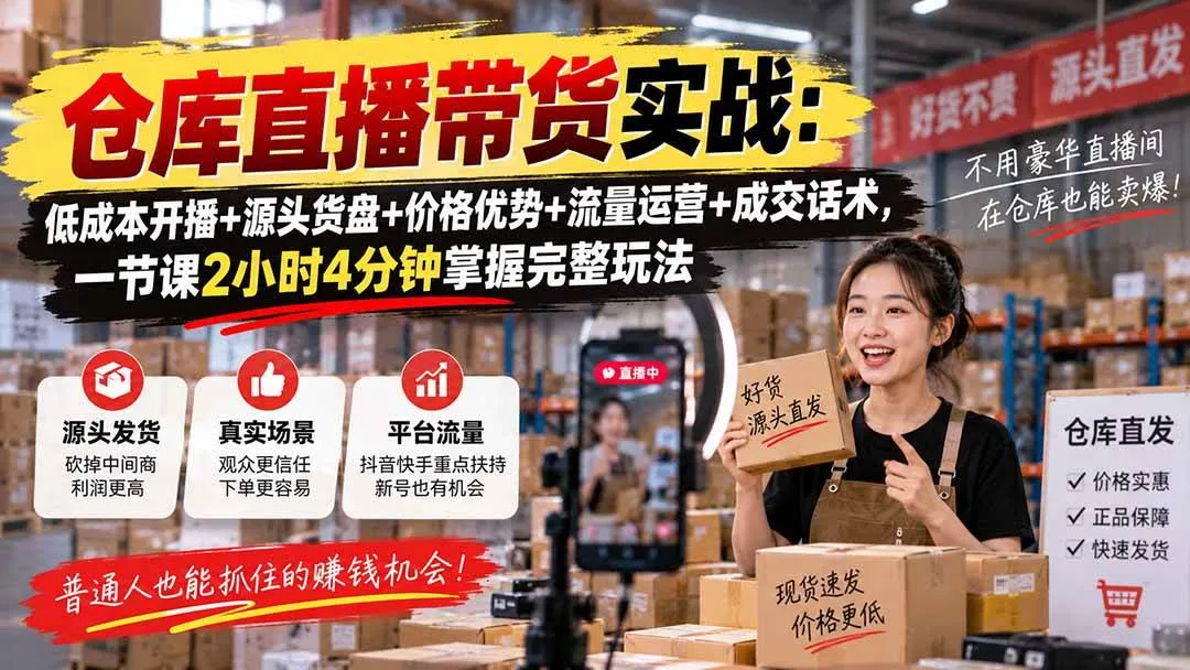 （20471期）仓库直播带货实战：低成本开播+源头货盘+价格优势+流量运营+成交话术，一节课2小时4分钟掌握完整玩法