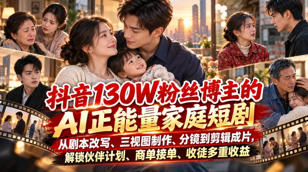 抖音130W粉丝博主的AI正能量家庭短剧，从剧本改写、三视图制作、分镜到剪辑成片，解锁伙伴计划、商单接单、收徒多重收益