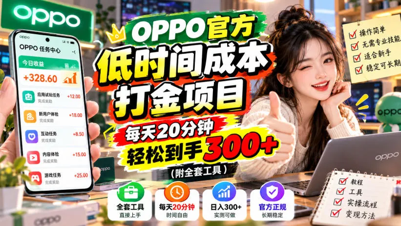 OPPO官方低时间成本打金项目，每天20分钟，轻松到手300+（附全套工具）【揭秘】