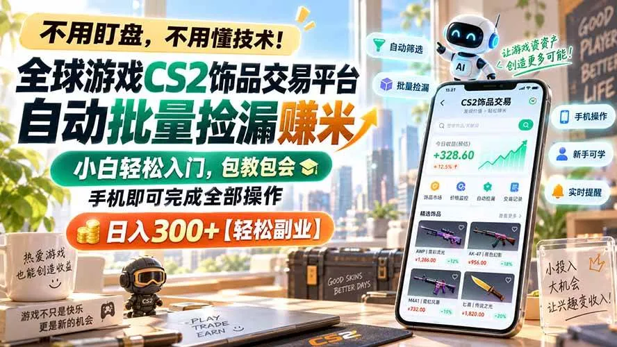 （20454期）全球游戏CS2饰品交易平台自动批量捡漏赚米，小白轻松入门，包教包会，手机即可完成全部操作，日入300+【轻松副业】