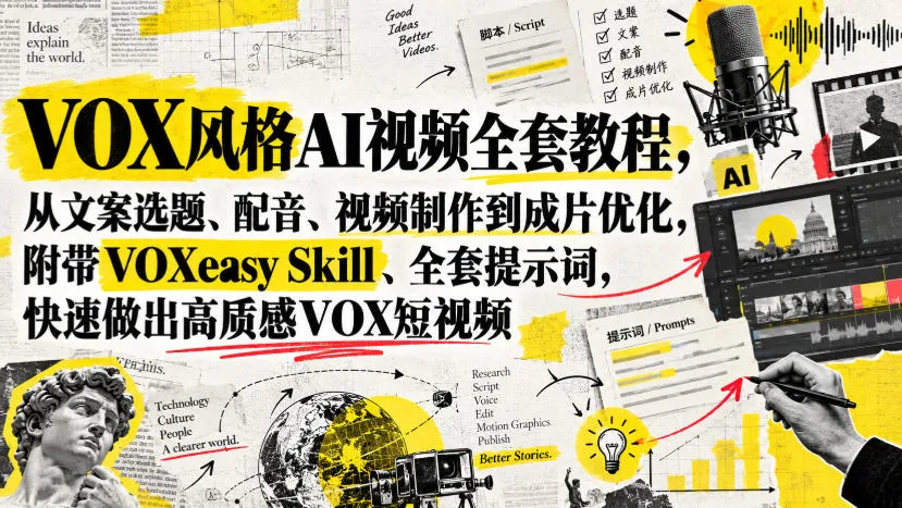 VOX风格AI视频全套教程，从文案选题、配音、视频制作到成片优化，附带VOXeasy Skill、全套提示词，快速做出高质感VOX短视频