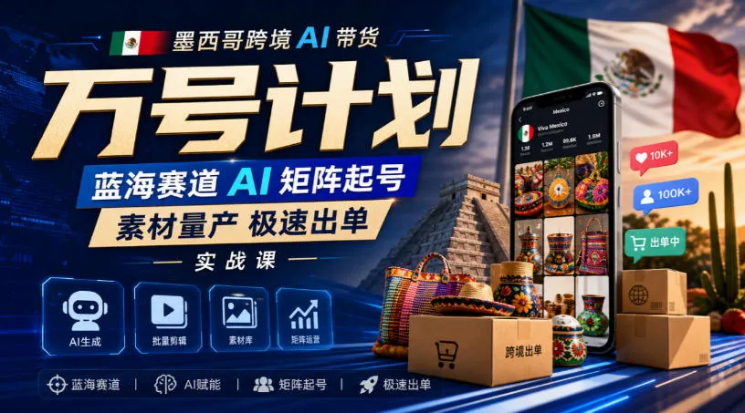墨西哥跨境AI带货万号计划，蓝海赛道AI矩阵起号，素材量产极速出单实战课