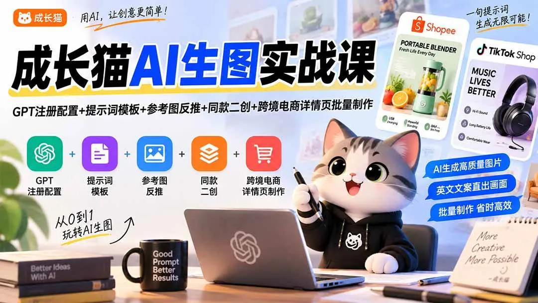 （20482期）成长猫AI生图实战课｜GPT注册配置+提示词模板+参考图反推+同款二创+跨境电商详情页批量制作