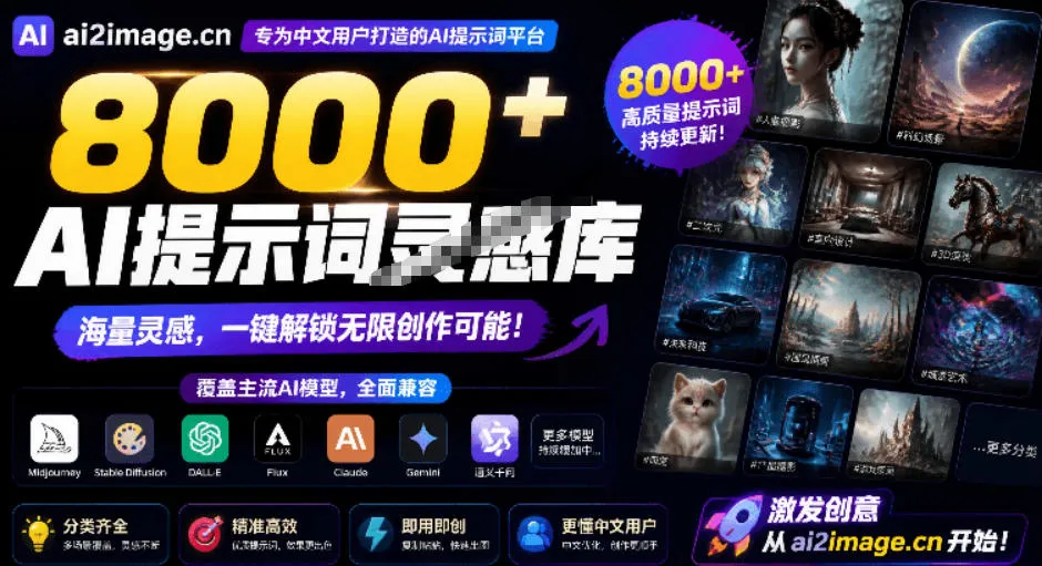 8000+AI提示词灵感库，覆盖图像生成和AI视频两大方向！专为中文创作者设计，完全免费使用AI2Image