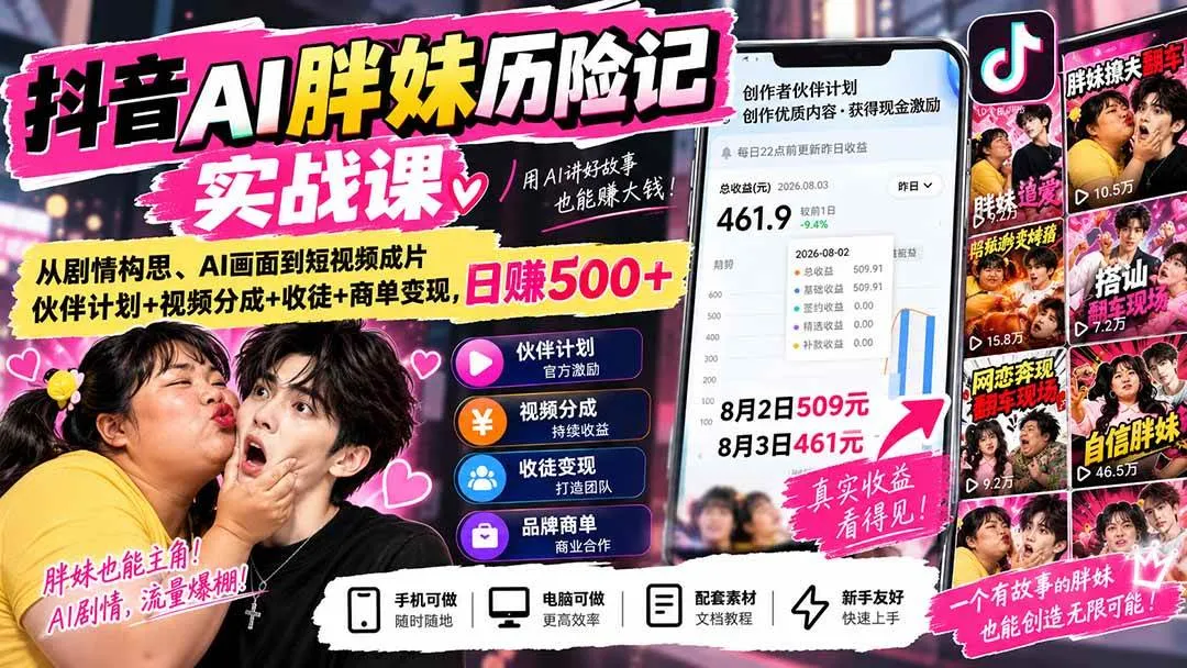 (20489期)抖音AI胖妹历险记实战课:从剧情构思、AI画面到短视频成片,伙伴计划+视频分成+收徒+商单变现,日赚500+ (20489期)抖音AI胖妹历险记实战课:从剧情构思、AI画面到短视频成片,伙伴计划+视频分成+收徒+商单变现,日赚500+