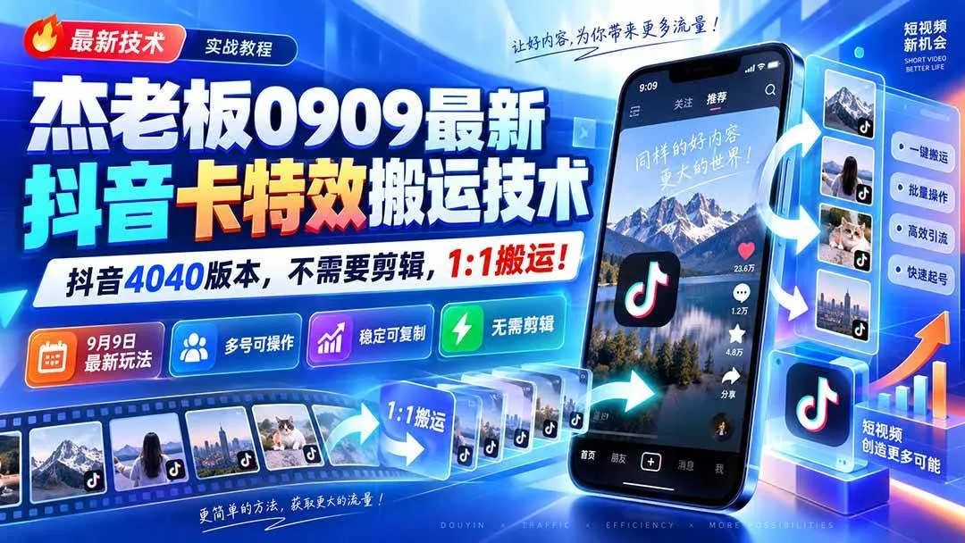 （20369期）杰老板0909最新抖音卡特效搬运技术，抖音4040版本，不需要剪辑，1:1搬运！