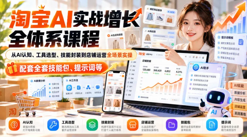 【无水印】淘宝AI实战增长全体系课程，从AI认知、工具选型、技能封装到店铺运营全场景实操，配套全套技能包、提示词等