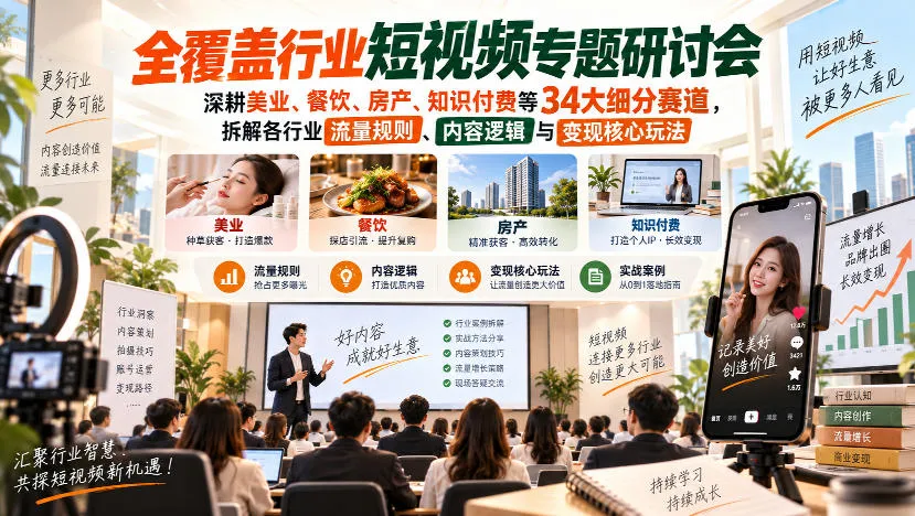短视频专题研讨会，深耕美业、餐饮、房产、知识付费等34大细分赛道，拆解各行业流量规则、内容逻辑与变现核心玩法