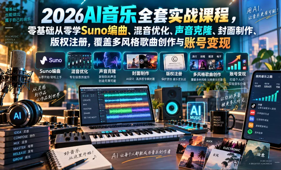 2026AI音乐实战课程，零基础从零学Suno编曲、混音优化、声音克隆、版权注册，覆盖多风格歌曲创作与账号变现（更新0924）