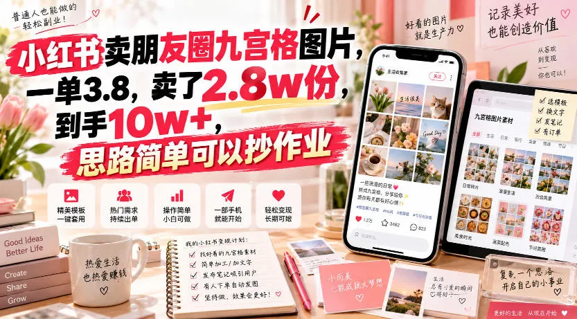 小红书卖朋友圈九宫格图片，一单3.8，卖了2.8w份，到手10w+，思路简单可以抄作业