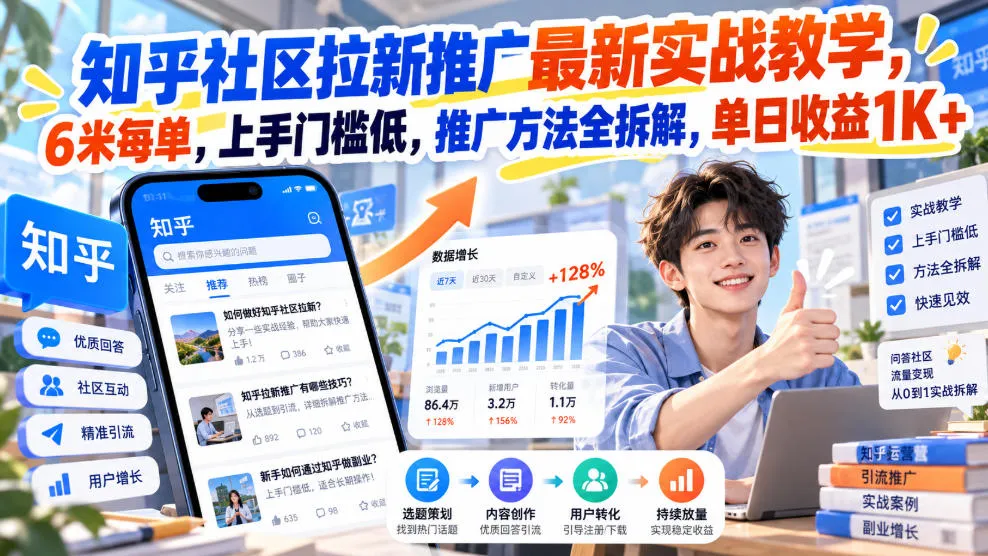 知乎社区拉新推广最新实战教学，6米每单，上手门槛低，推广方法全拆解，单日收益1K+！