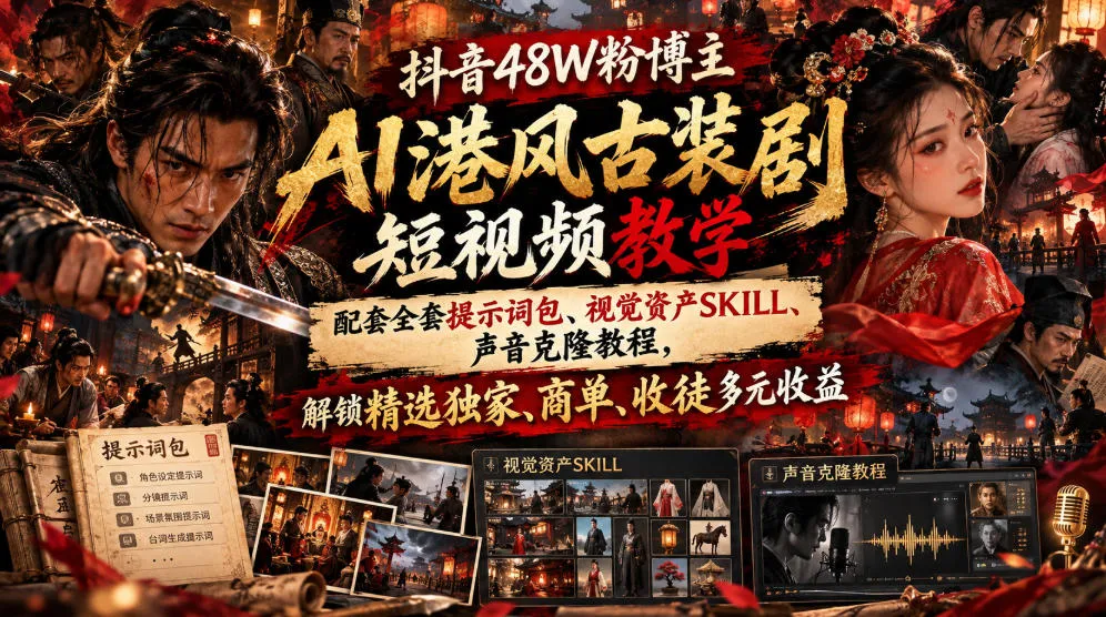 抖音48W粉博主AI港风古装剧短视频教学，配套全套提示词包、视觉资产SKILL、声音克隆教程，解锁精选独家、商单、收徒多元收益